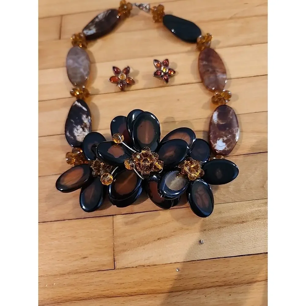 Brown Flower Beads Choker Chunky Statement Bib Collar Necklace Earrings READ